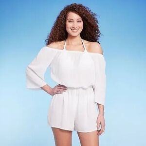 Kona Sol Women's Off the Shoulder Cover Up Romper White beachy island Size XL